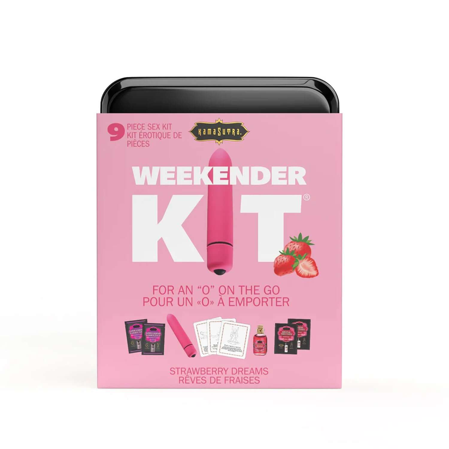 Kama Sutra Weekender Kit Strawberry Dreams with mini vibe and sensual essentials in pink packaging.