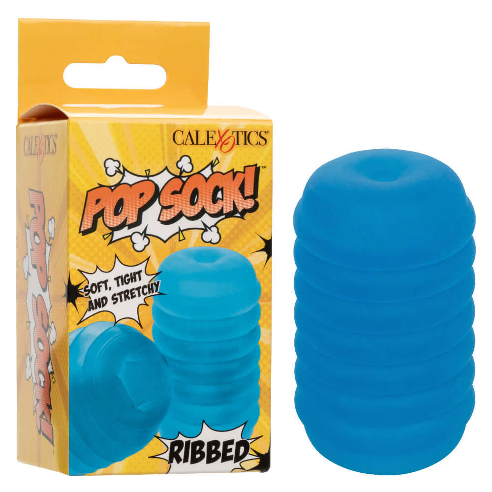 Pop Sock Ribbed Masturbation Sleeve - Blue ribbed reversible stroker for multi-textured pleasure in packaging.
