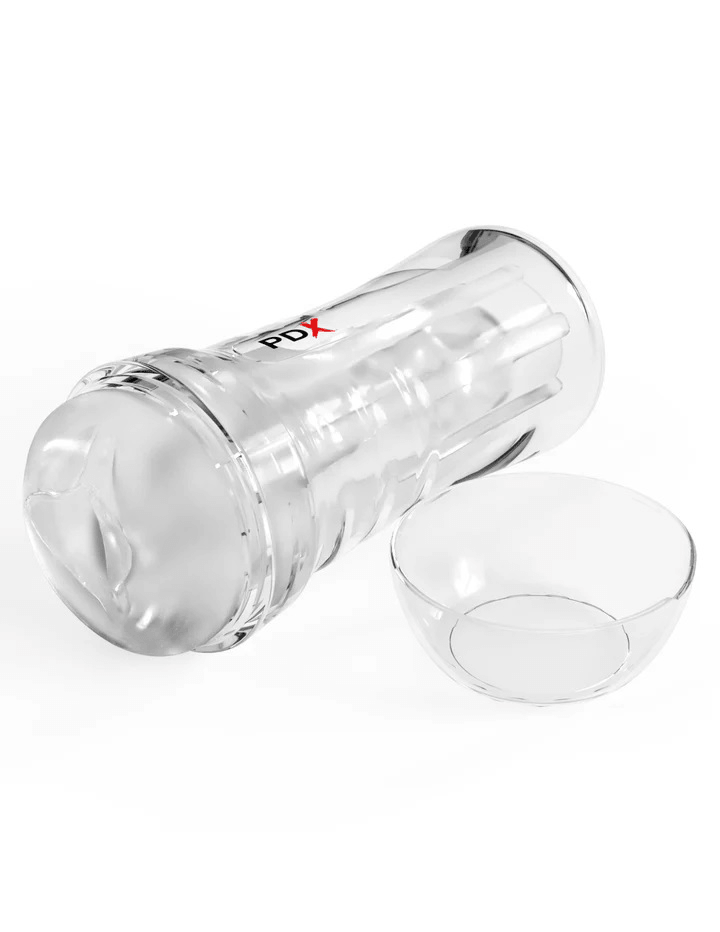 Wet Pussies Super Luscious Lips Self-Lubricating Stroker with transparent design and removable cap.