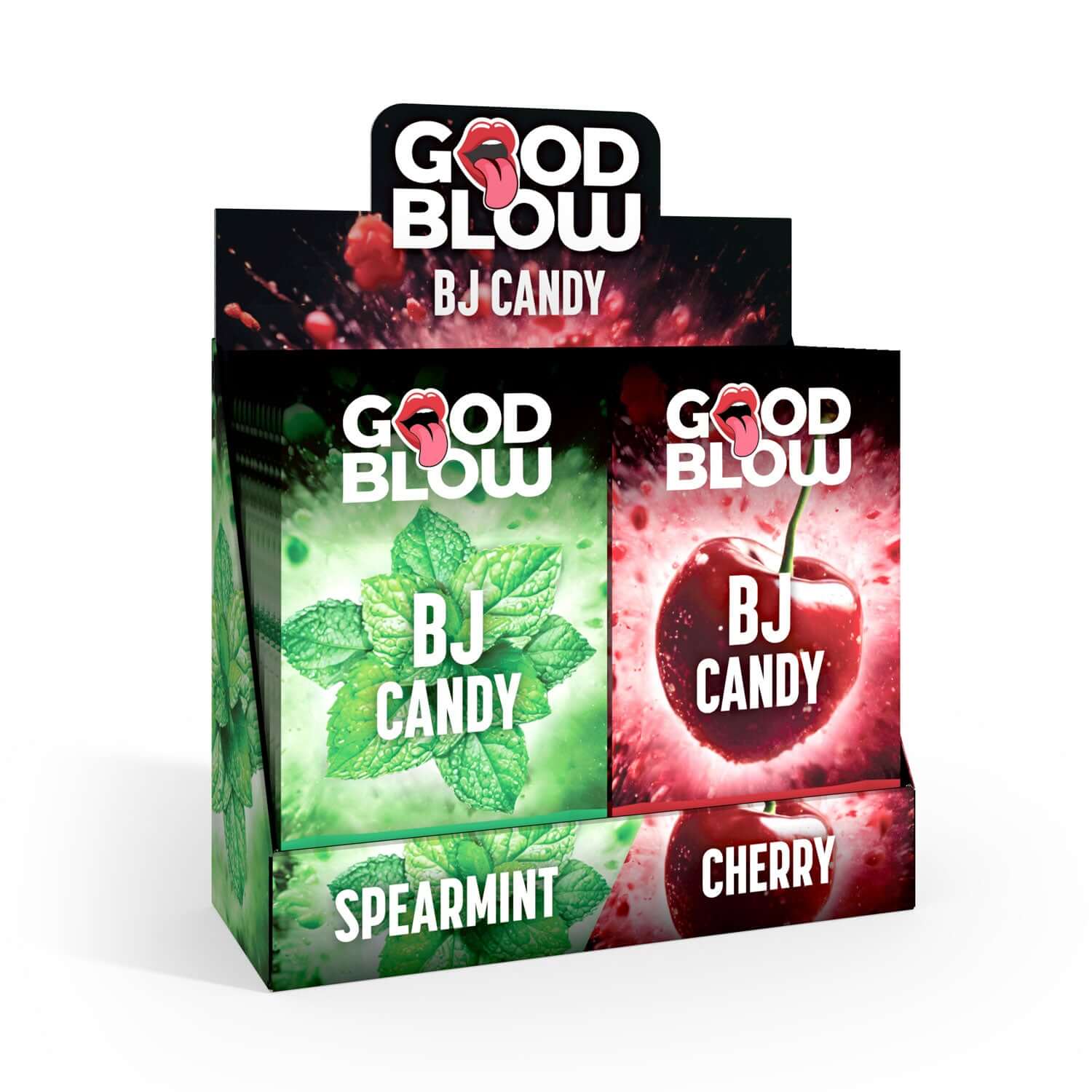BJ Candy Pop Display with Spearmint and Cherry flavors, featuring 24 pieces in an eye-catching package design.