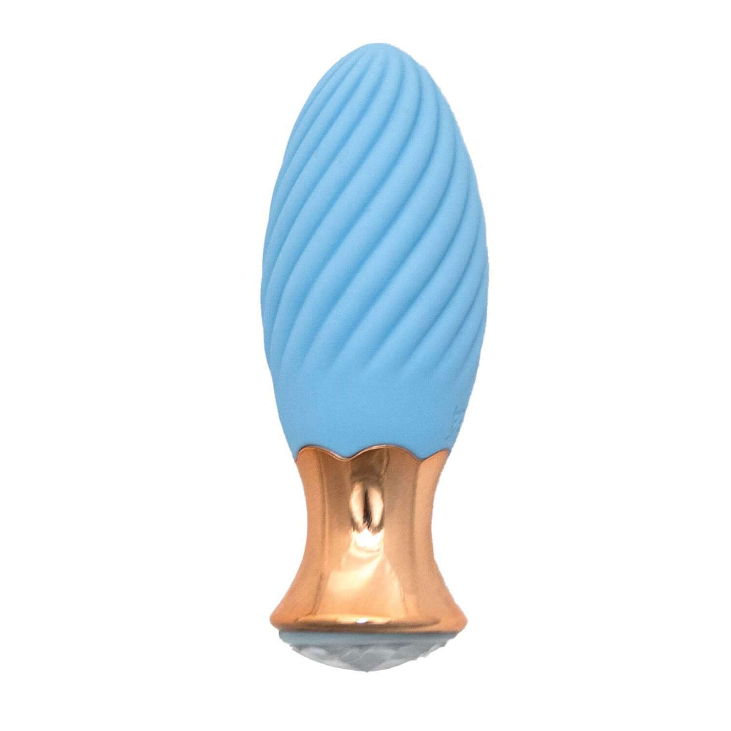 Blue Goddess Diamond Tulip Massager with swirl texture and golden base, featuring 7 vibrating functions for solo play and self-indulgence.