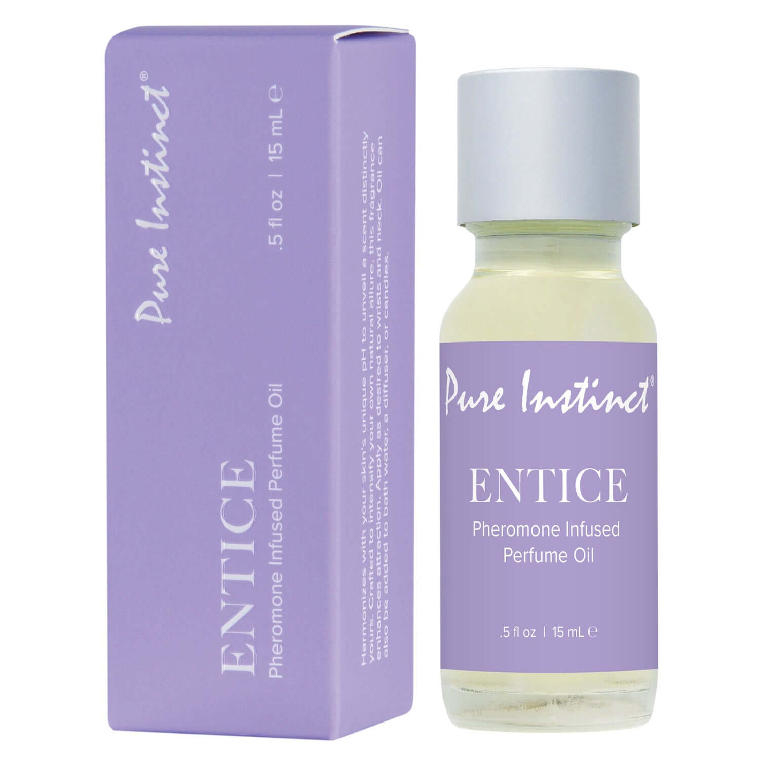 Pure Instinct Entice Pheromone Perfume Oil 15ml with packaging in purple, enhancing natural scent and attraction.