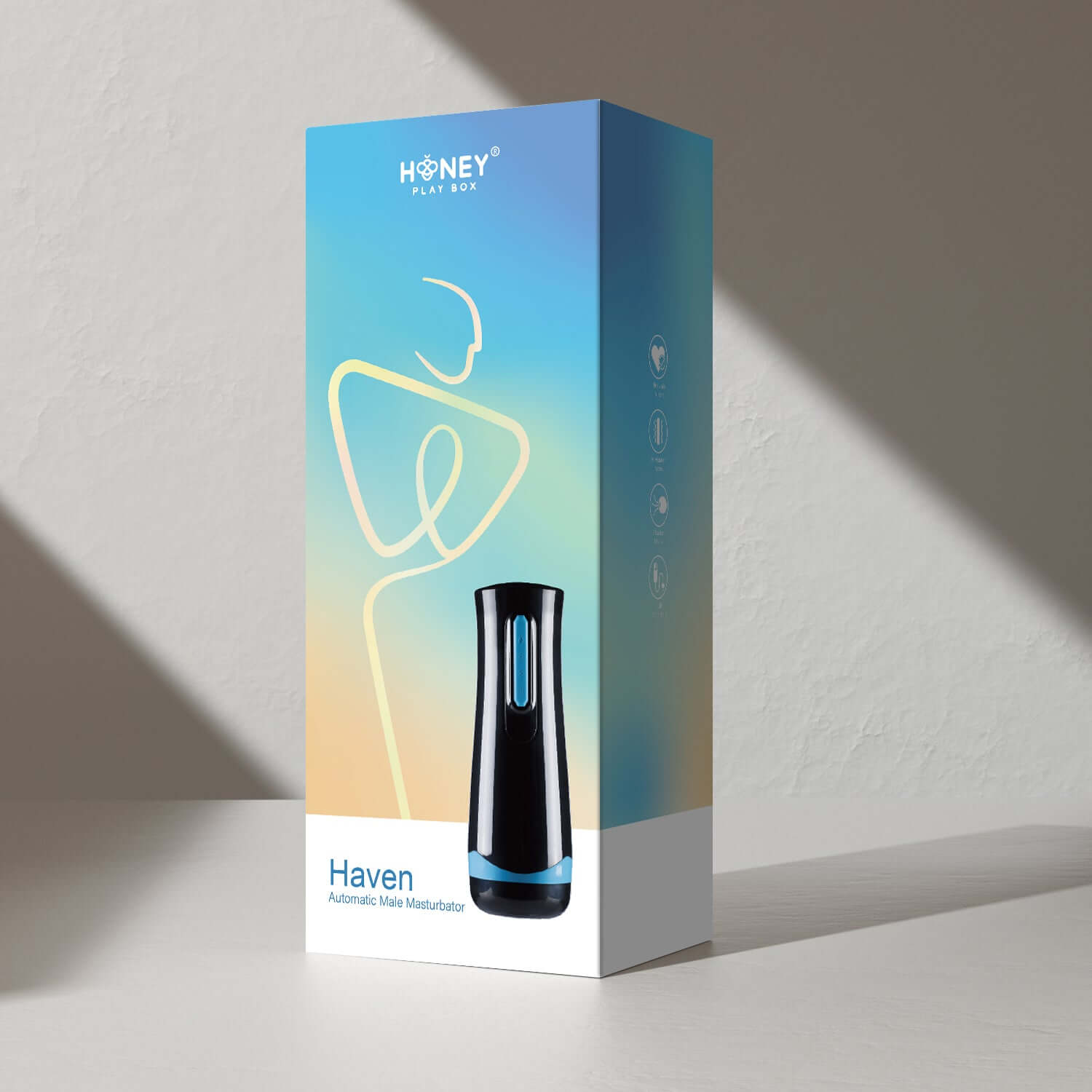 Honey Play Box Haven Electric Blowjob Masturbator packaging design with modern aesthetic.