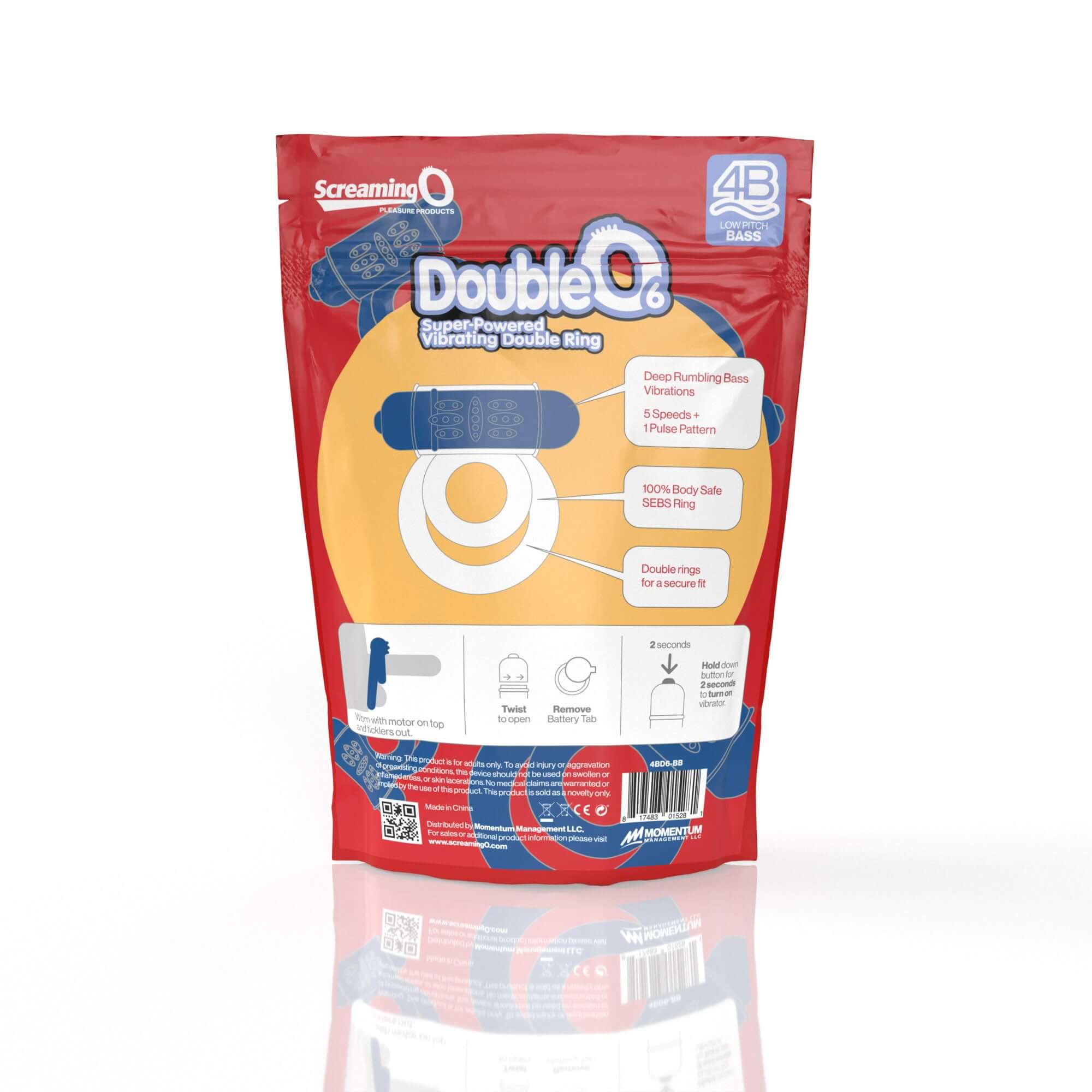 Screaming O 4B Double O Super Powered Ring Blueberry product packaging showcasing features and benefits.