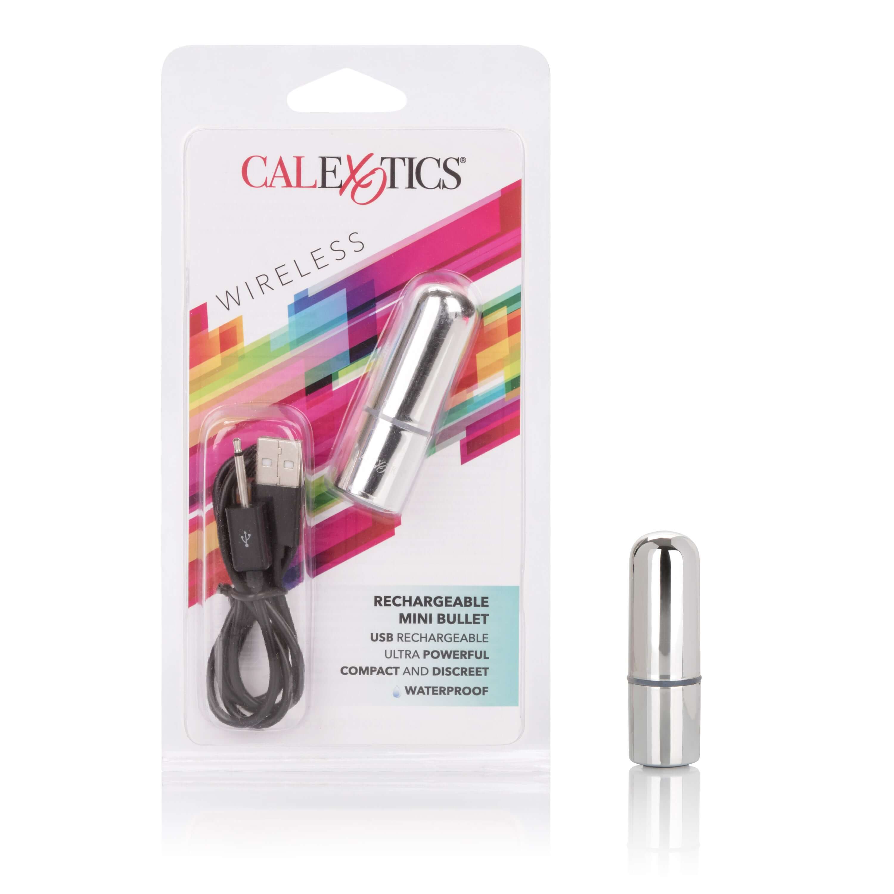Rechargeable Mini Bullet Vibrator in packaging alongside USB charging cable, designed for discreet and powerful stimulation.