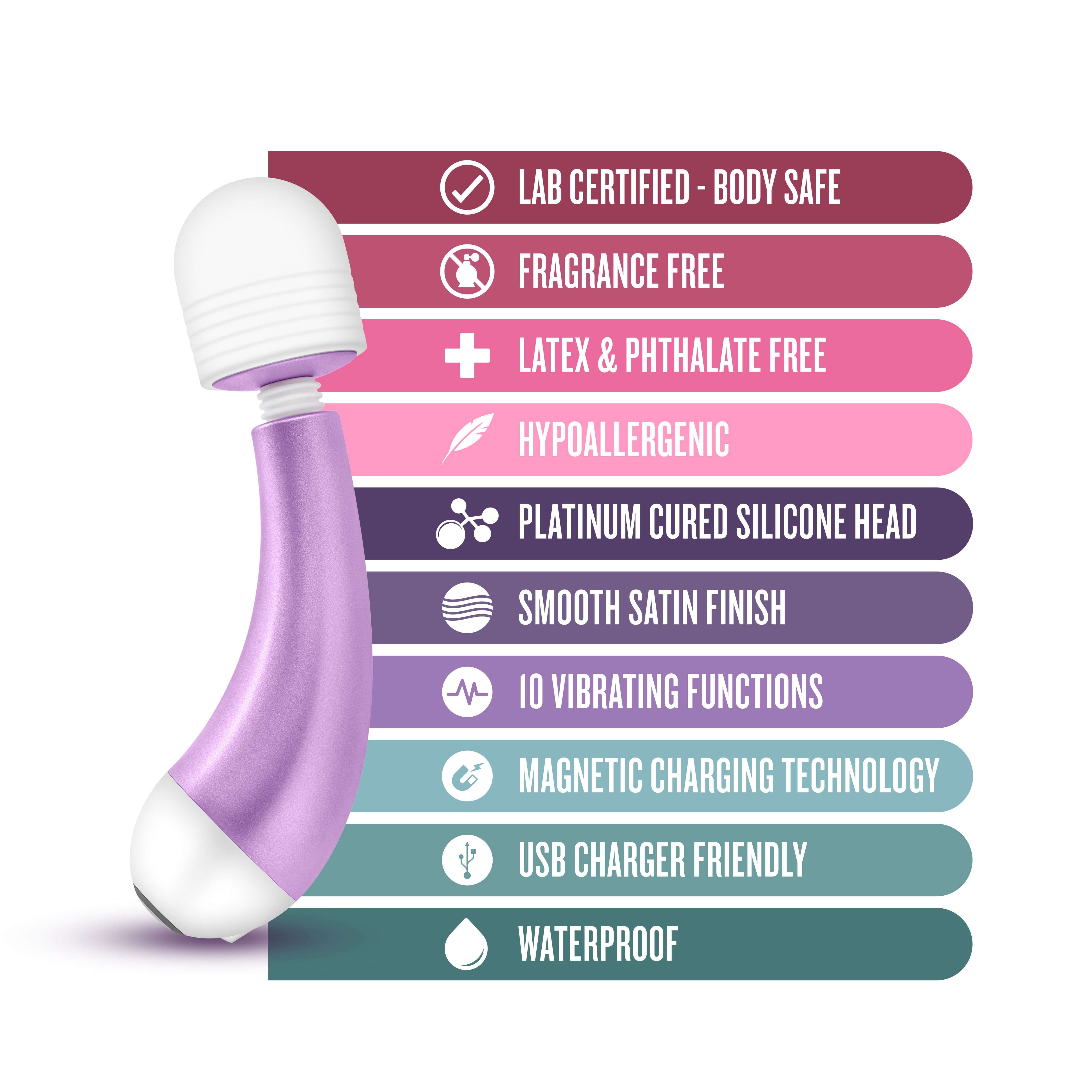 Noje Delite Wand Massager in Wisteria color highlighting features like body-safe materials and 10 vibrating functions.