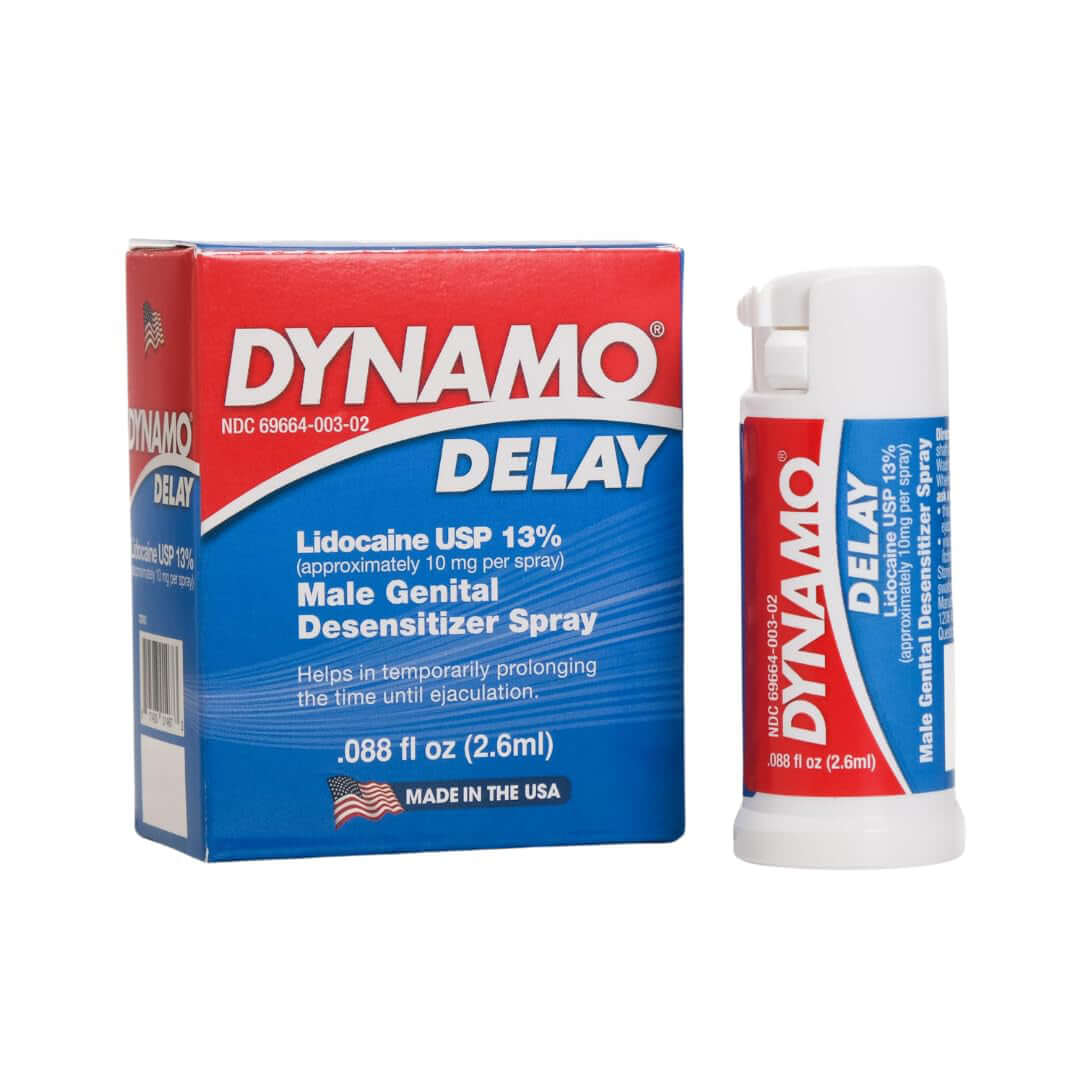 Dynamo Delay to Go Spray 0.88 Oz packaging and spray bottle for male genital desensitizer.