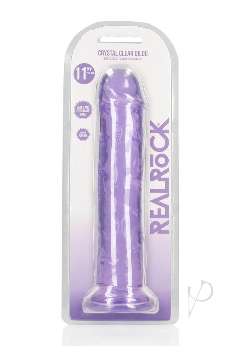 RealRock Crystal Clear Straight Dildo 11 inch Purple in packaging showing vibrant color and sleek design.