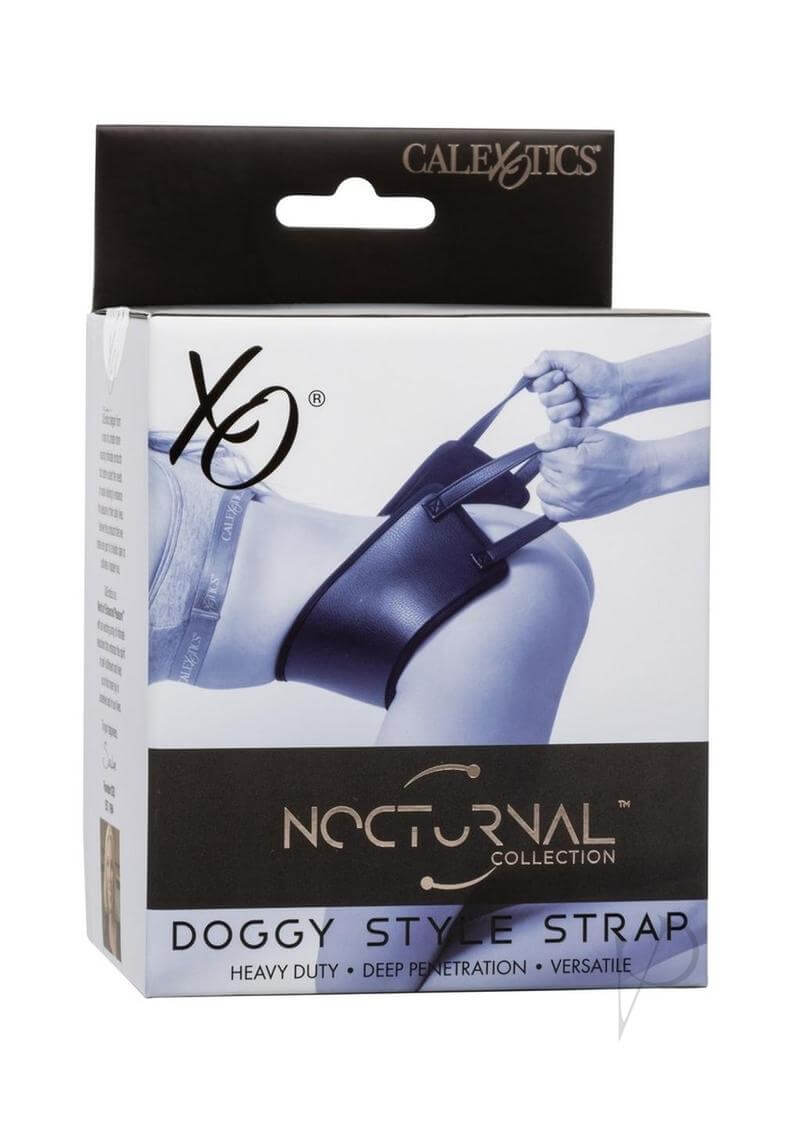 Nocturnal Collection Doggy Style Strap Black product packaging showcasing a versatile intimate accessory for enhanced pleasure.