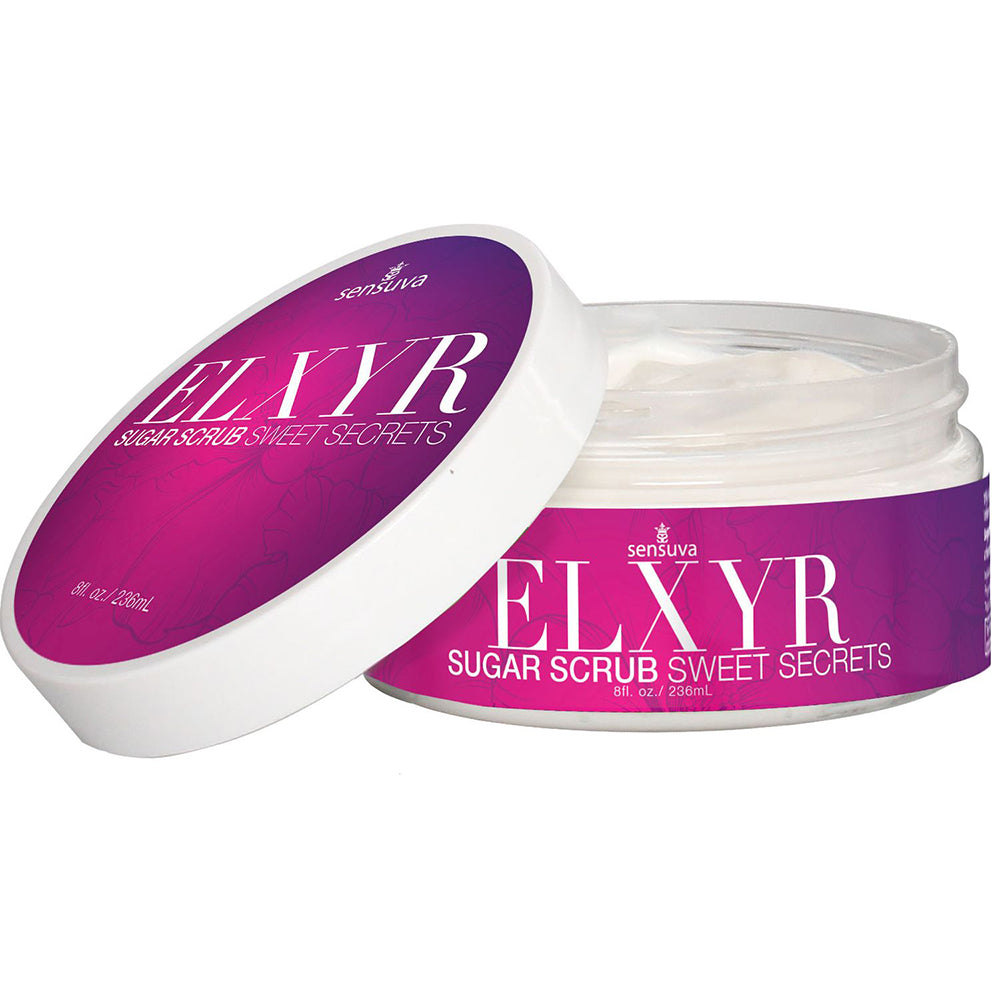 Sensuva Sugar Foot Scrub Sweet Secrets 8 Oz in a clear jar with a vibrant purple label.