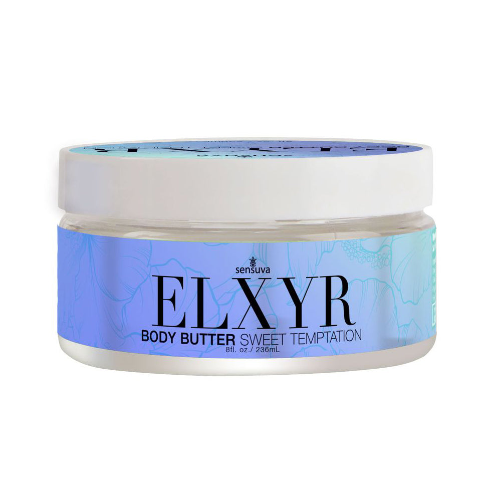 Sensuva Body Butter Sweet Temptations 8 Oz in a clear jar with floral design and twist-off lid.