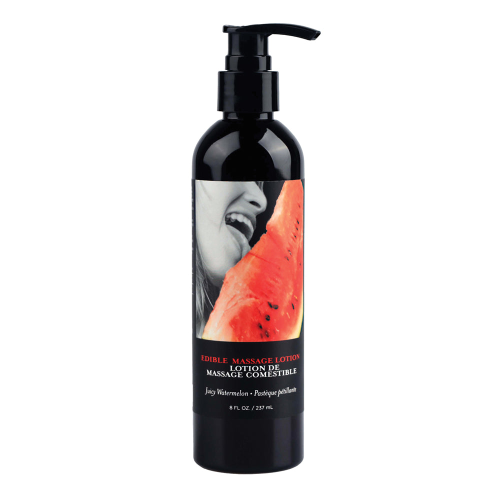 Hemp Seed By Night Waterslide And Watermelon Holiday Caddy edible massage lotion in a black bottle with watermelon image.