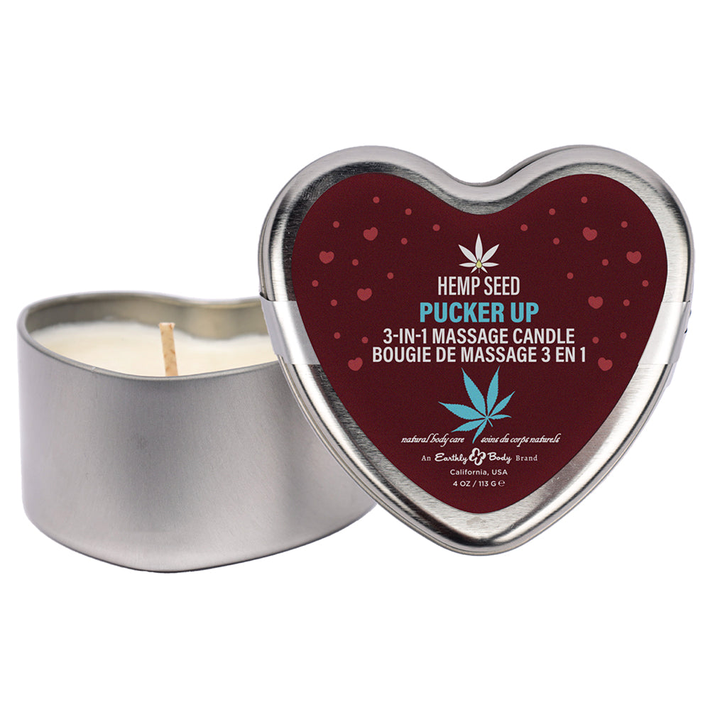 Hemp Seed Valentine Heart Massage Candle Pucker Up 4.7 Oz in a heart-shaped tin for romantic occasions.
