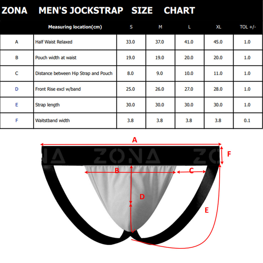 Zona Blue Rush Men's Jockstrap X-Large size chart with measurements for optimal fit and comfort.