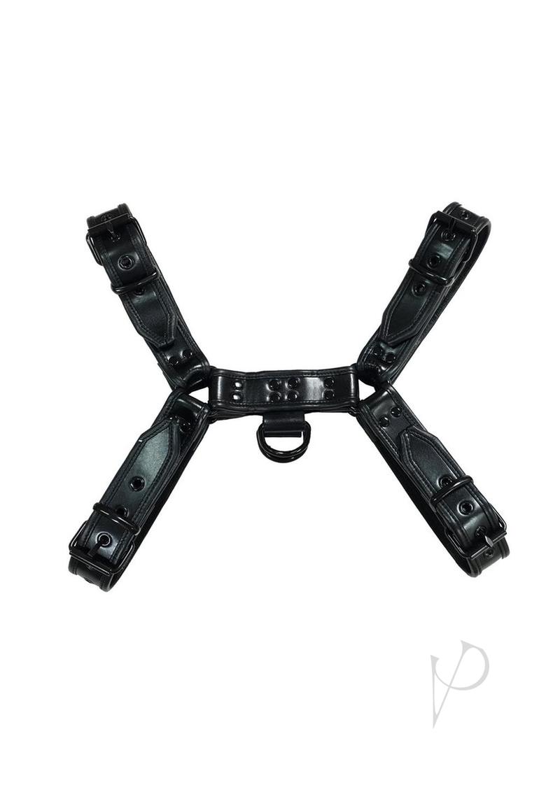 Rouge Over The Head Adjustable Leather Harness XXLarge Black displayed from the front, showcasing its design and materials.