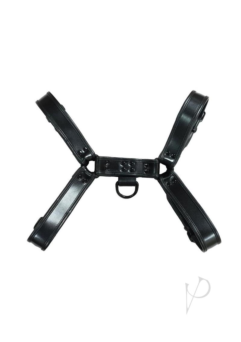 Rouge Over The Head Adjustable Leather Harness XXLarge Black in black leather, showcasing its bold design.