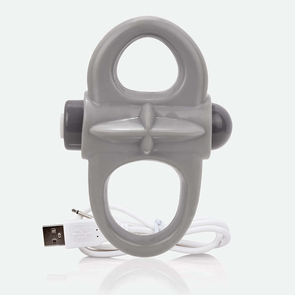 Screaming O Charged Yoga Vooom Mini Vibe Ring Grey with USB charging cable on a white background.