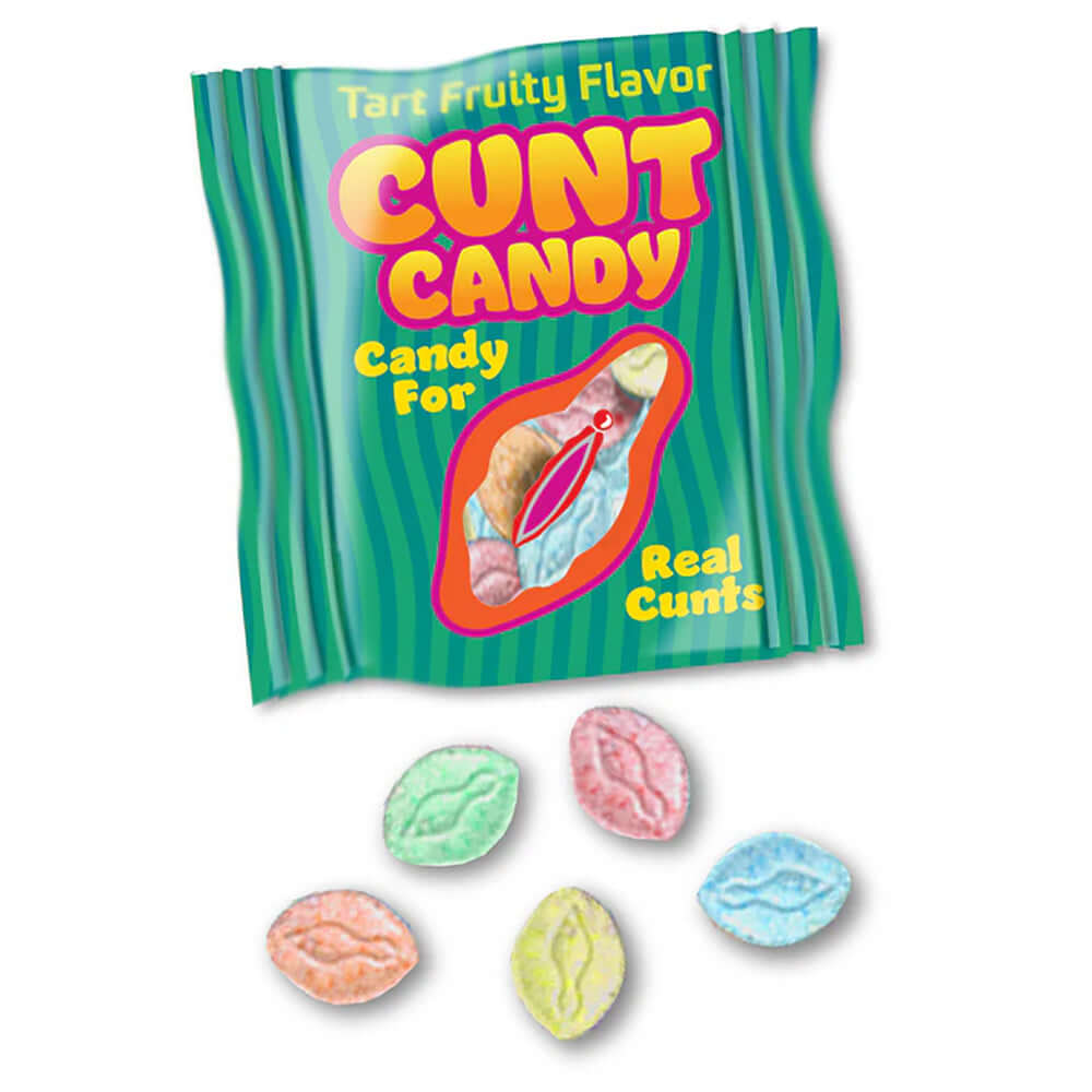 Cunt Candy Individual 5pc Bags 100 count Display featuring tart fruity candies and colorful packaging.