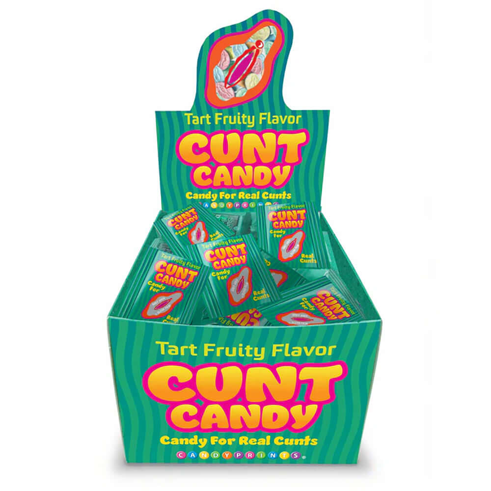 Cunt Candy Individual 5pc Bags 100 Count Display showcasing tart fruity flavored novelty candies in a vibrant box.