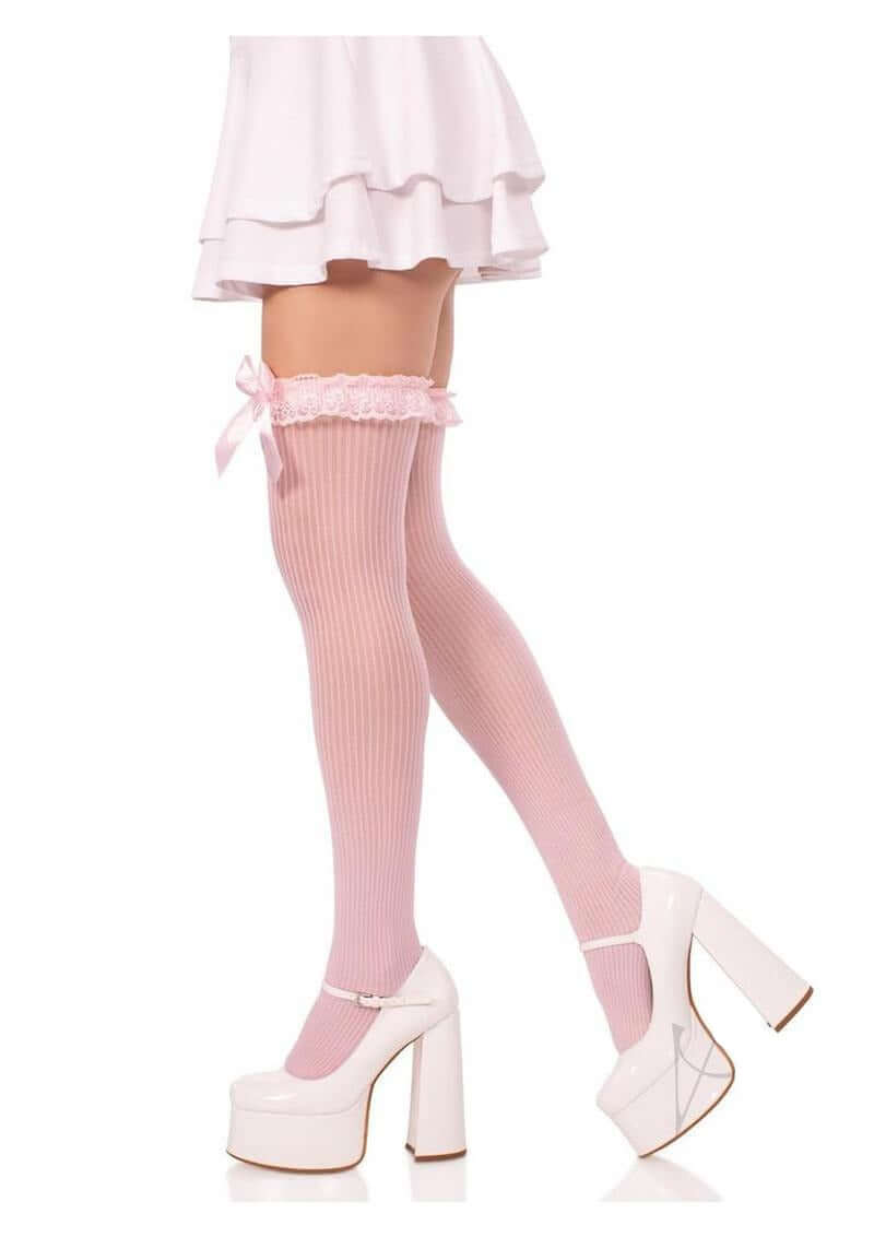 Leg Avenue Lace Garter Sheer Striped Thigh Highs Light Pink OS shown on model with white heels and skirt.