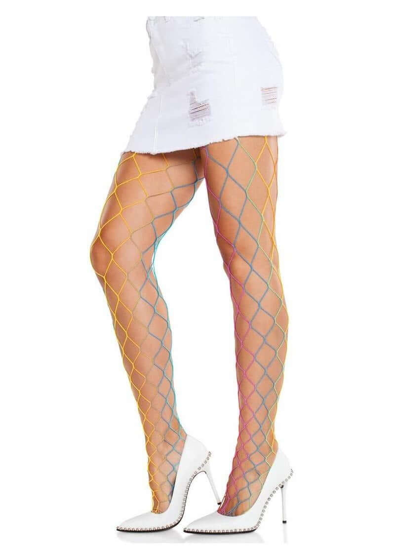 Leg Avenue Rainbow Fence Net Tights OS featuring colorful fishnet design worn with a white skirt and heels.