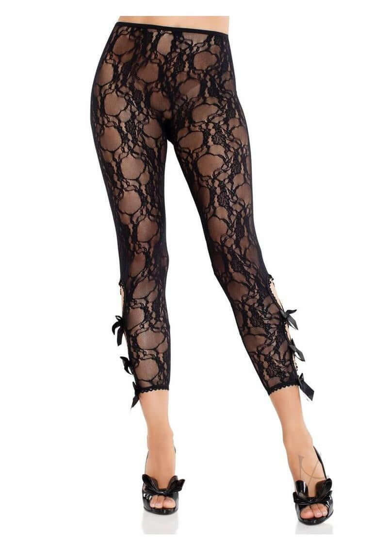 Leg Avenue Scalloped Trimmed Floral Capri Tights Black OS featuring floral lace, scalloped trim, and bow details.