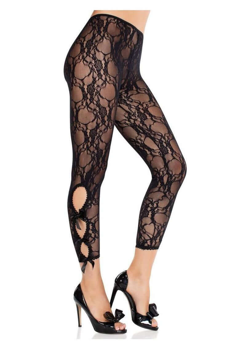 Leg Avenue Scalloped Trimmed Floral Capri Tights Black OS featuring lace design and scalloped trim.