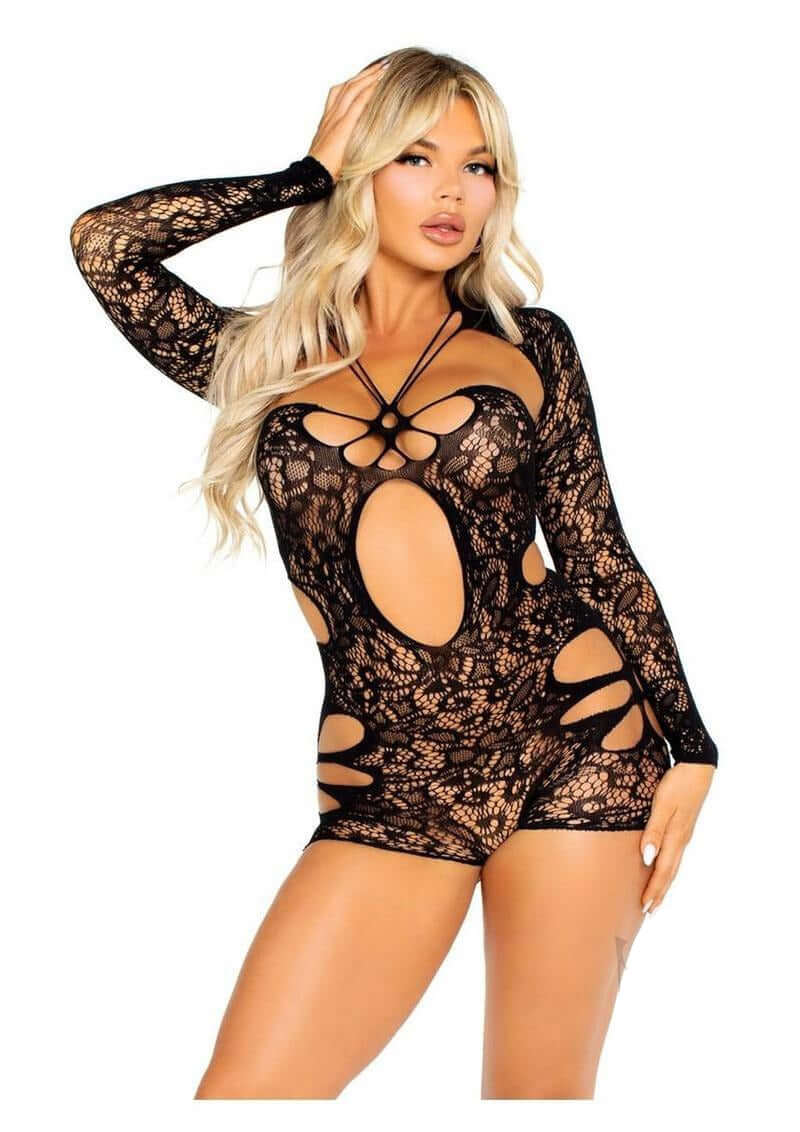 Leg Avenue Cut-Out Lace Romper with Attached Shrug Black OS worn by model showcasing intricate floral lace and cut-out details.