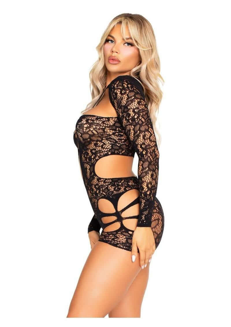 Leg Avenue Cut-Out Lace Romper with Attached Shrug Black OS showcasing elegant lace design with daring cut-out details.