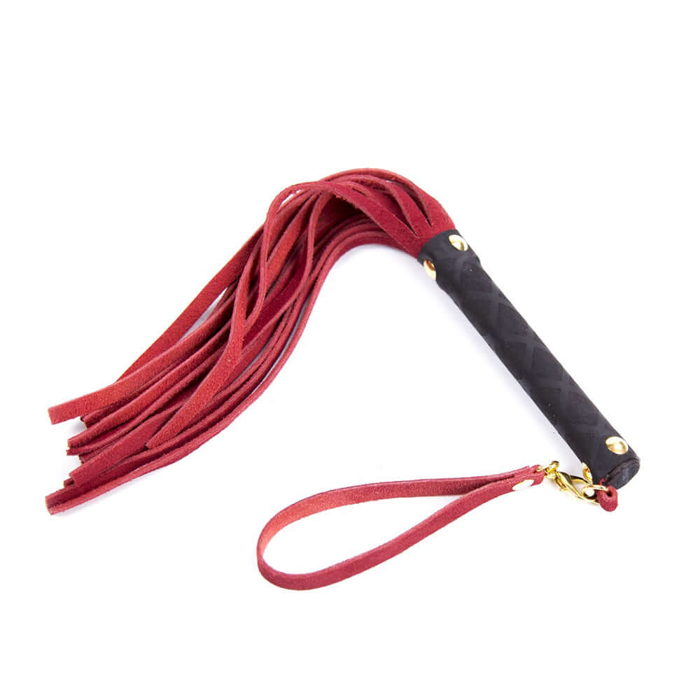 Mini Leather Flogger Red with 30 soft suede tails and a textured handle for comfortable grip.