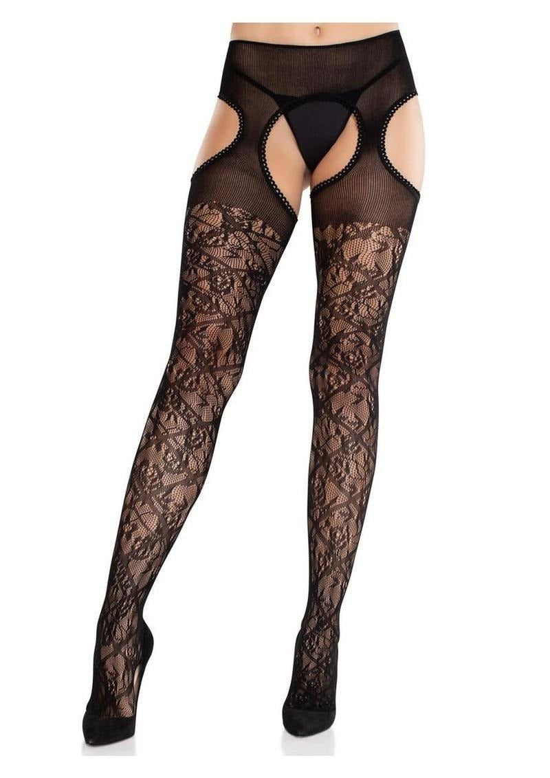 Leg Avenue Scalloped Trimmed Cross Hatch Lace Suspender Hose Black OS displayed on a model, showcasing elegant lace and suspender design.