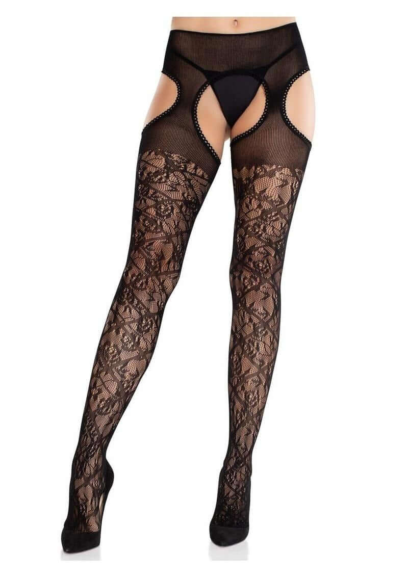 Leg Avenue Scalloped Trimmed Cross Hatch Lace Suspender Hose Black OS displayed on a model, showcasing elegant lace and suspender design.
