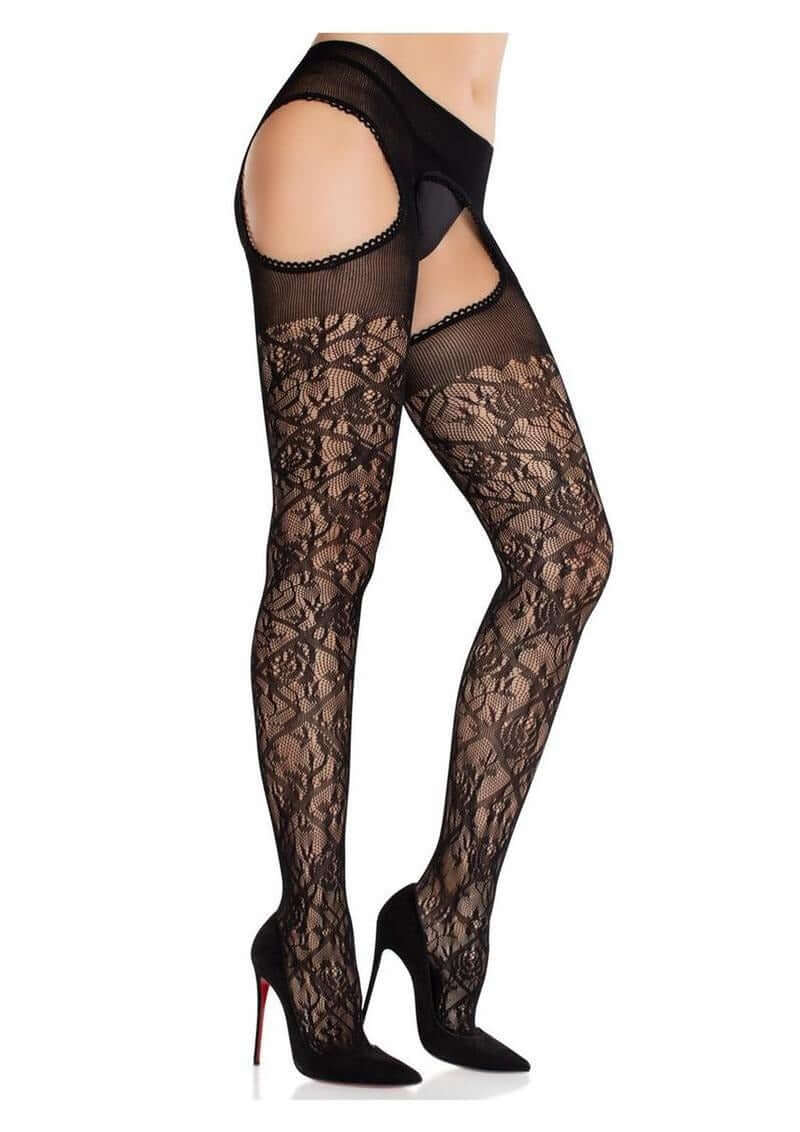 Leg Avenue Scalloped Trimmed Cross Hatch Lace Suspender Hose Black OS on model showcasing floral lace design and suspender detail.