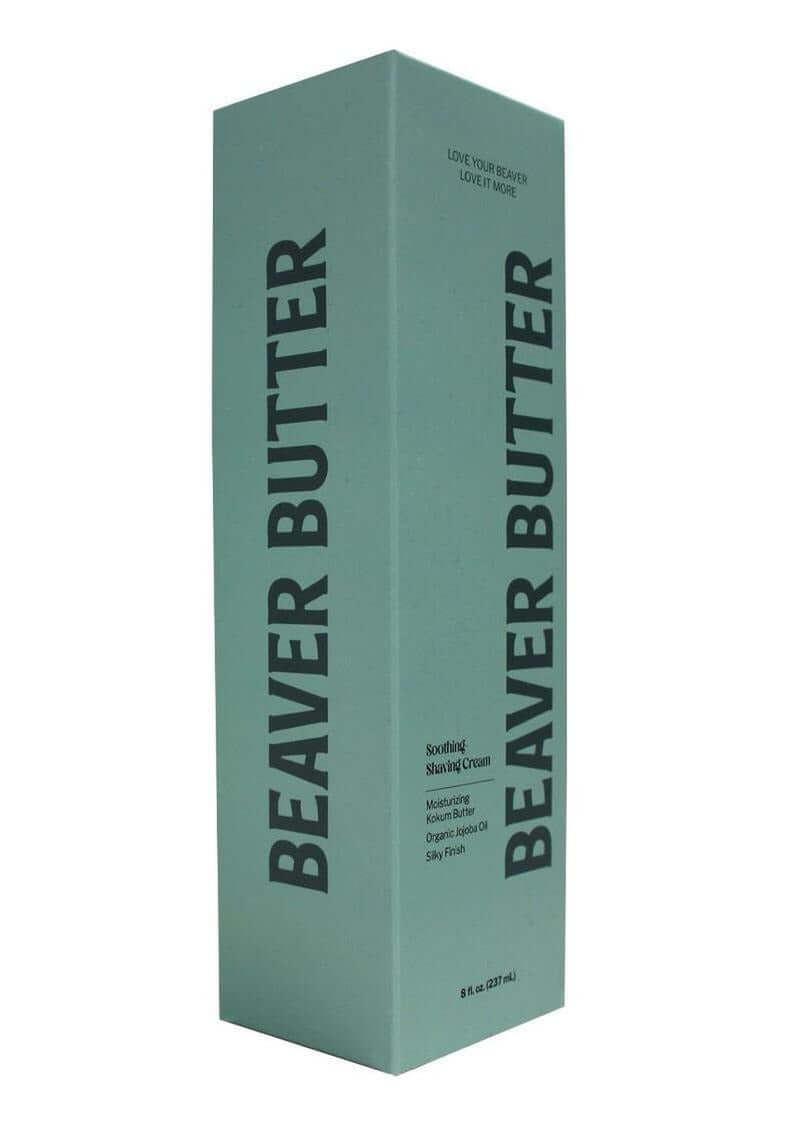 Beaver Butter Soothing Shaving Cream 8 Oz packaging on display, designed for a smooth and nourishing shave.
