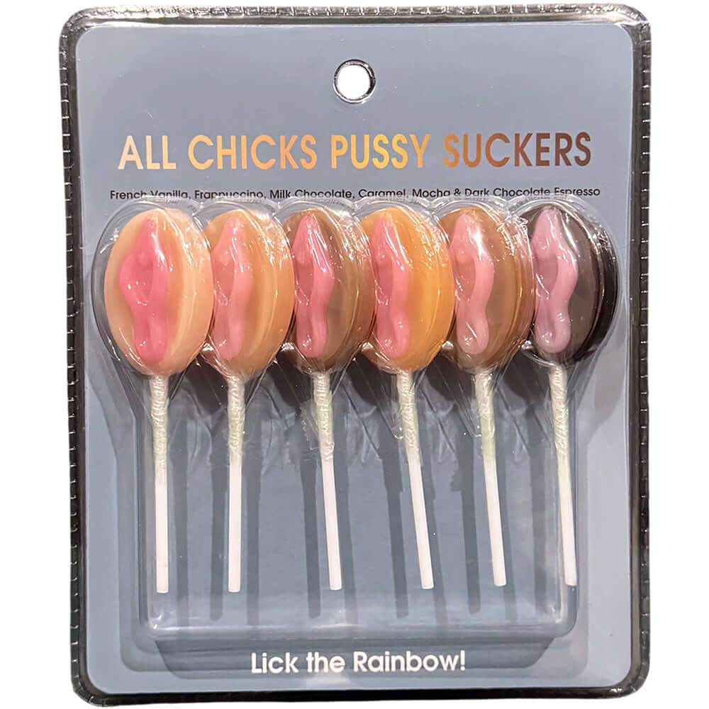 All Chicks Pussy Suckers novelty candy lollipops in assorted dessert flavors, perfect for adult-themed parties.
