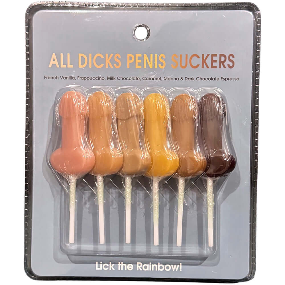 All Dicks Penis Suckers novelty candy with six uniquely shaped lollipops in various dessert flavors.