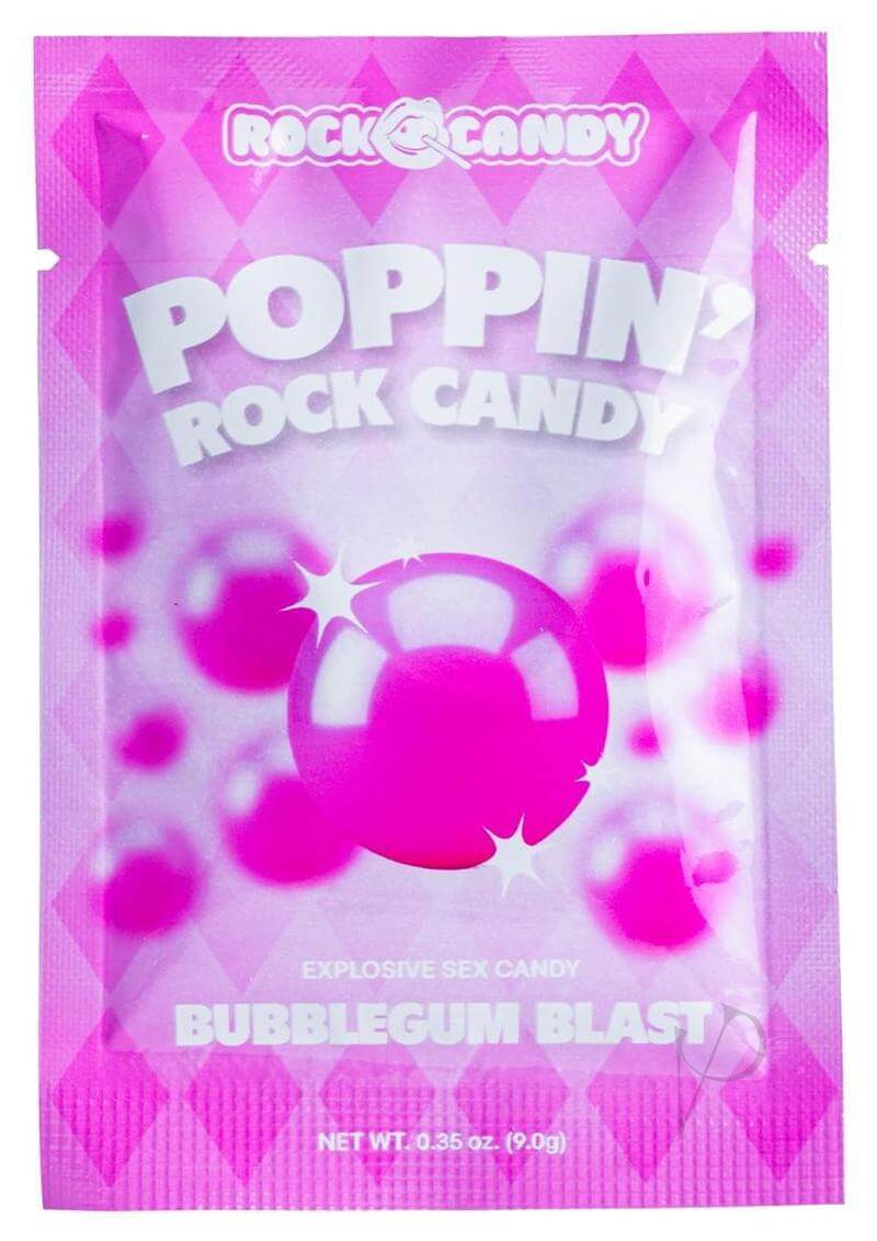 Popping Rock Candy Oral Sex Candy Bubble Gum Blast packaging with pink design and bubble gum flavor.