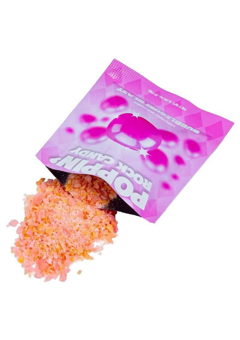 Popping Rock Candy Oral Sex Candy Bubble Gum Blast in vibrant packaging with colorful candy spilling out.