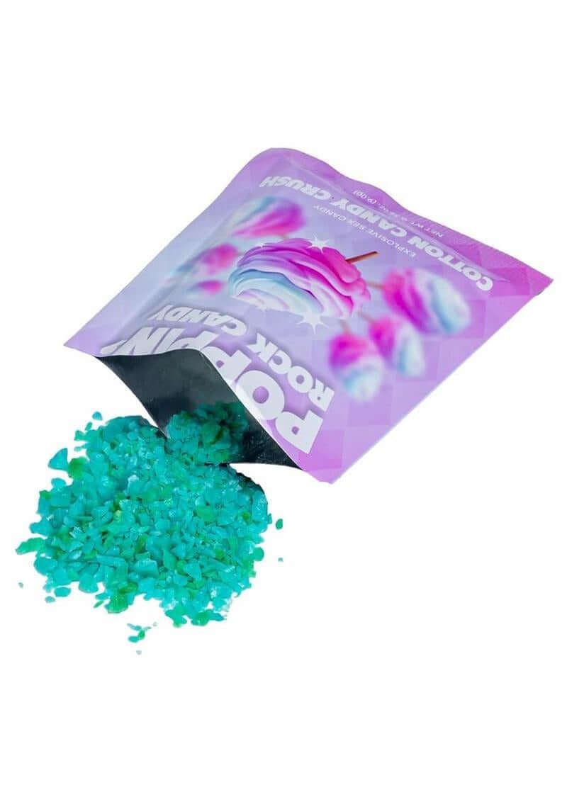 Popping Rock Candy Oral Sex Candy Cotton Candy Crush packaging with blue popping candy crystals spilling out.
