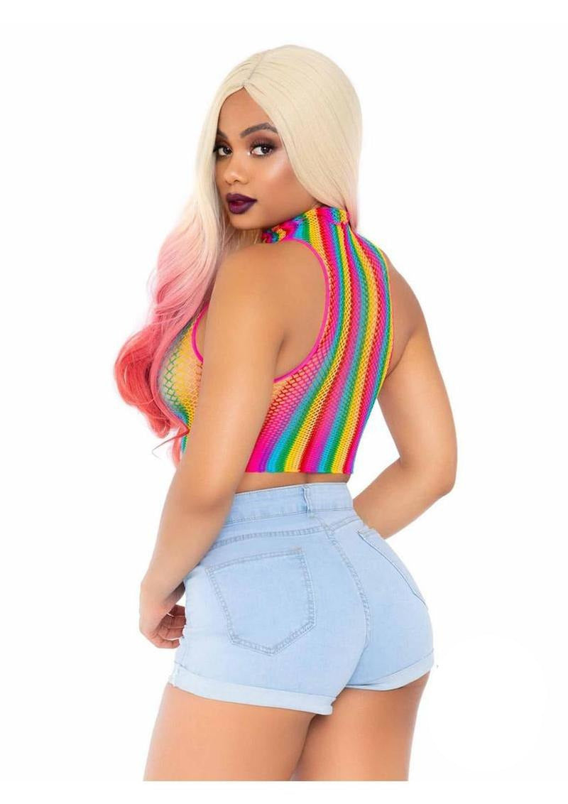 Leg Avenue Rainbow Net High Neck Crop Top OS displayed on a model wearing denim shorts, showcasing its colorful design.