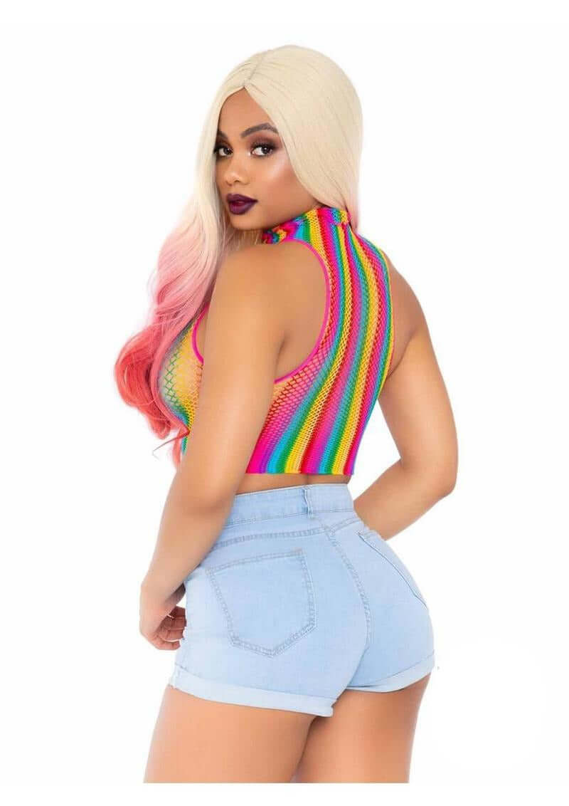 Leg Avenue Rainbow Net High Neck Crop Top OS displayed on a model wearing denim shorts, showcasing its colorful design.