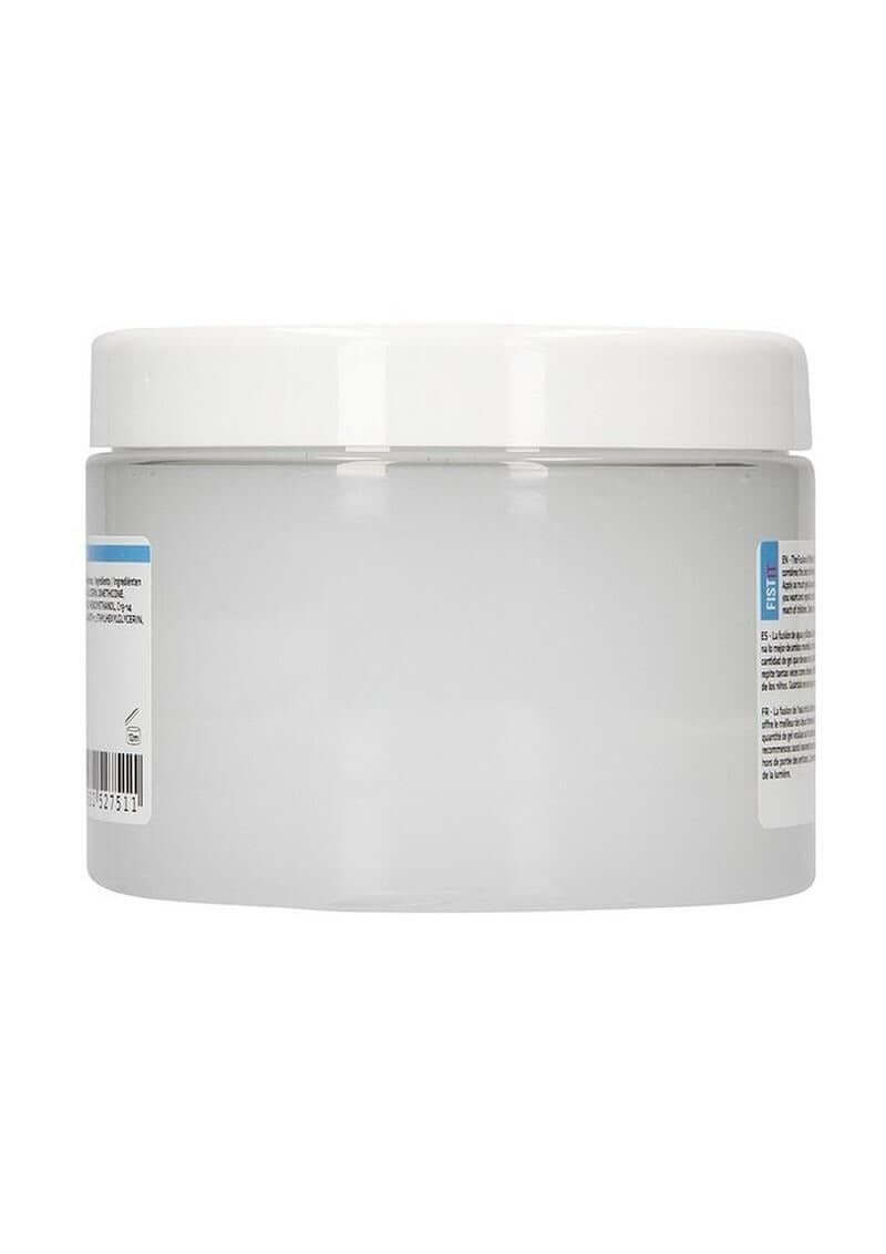Fist It Hybrid Glide Lubricant 16.9 Oz clear jar with white lid, showcasing the product's sleek design.