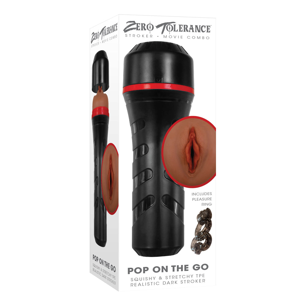 Zero Tolerance Pop On The Go Dark Vagina Stroker showcased in a sturdy canister with realistic details.