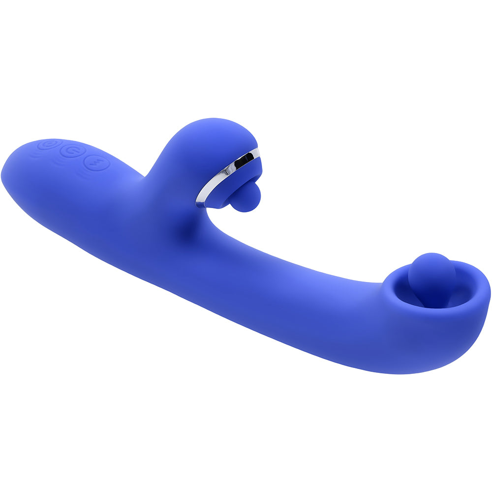 Evolved Oh Gee Silicone G-Spot Vibrator Blue in a sleek design with a spinning silicone ball and clitoral stimulator.