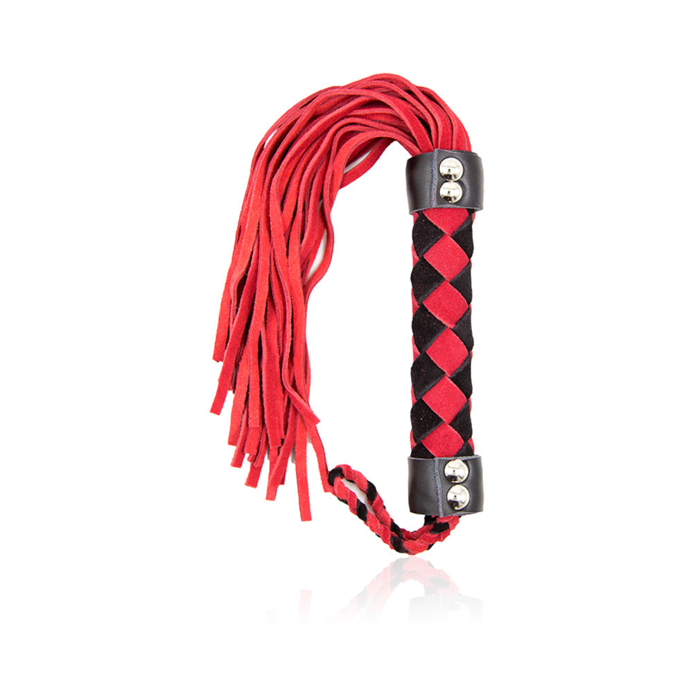 Ple'sur 15.5 Inch Leather Flogger Red with braided handle and multiple suede tails for impact play.
