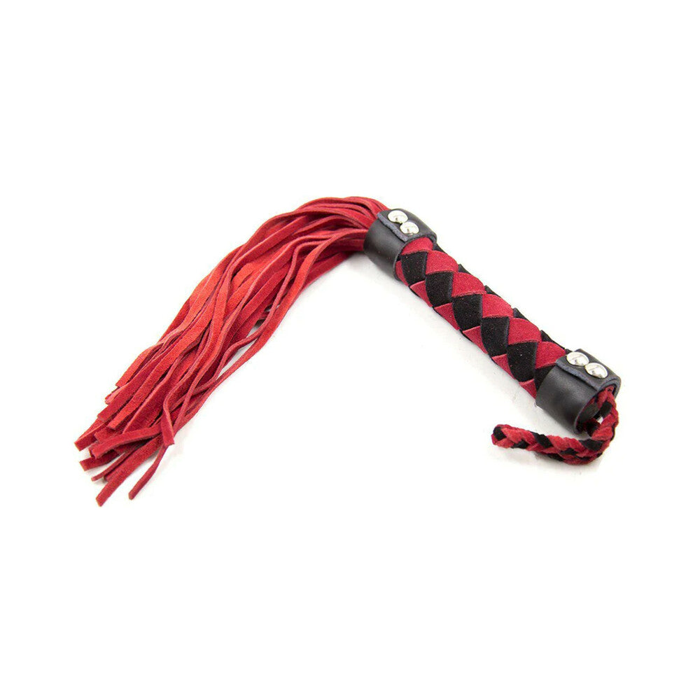 Ple'sur 15.5 Inch Leather Flogger Red displayed, featuring braided handle and soft suede tails for impact play.