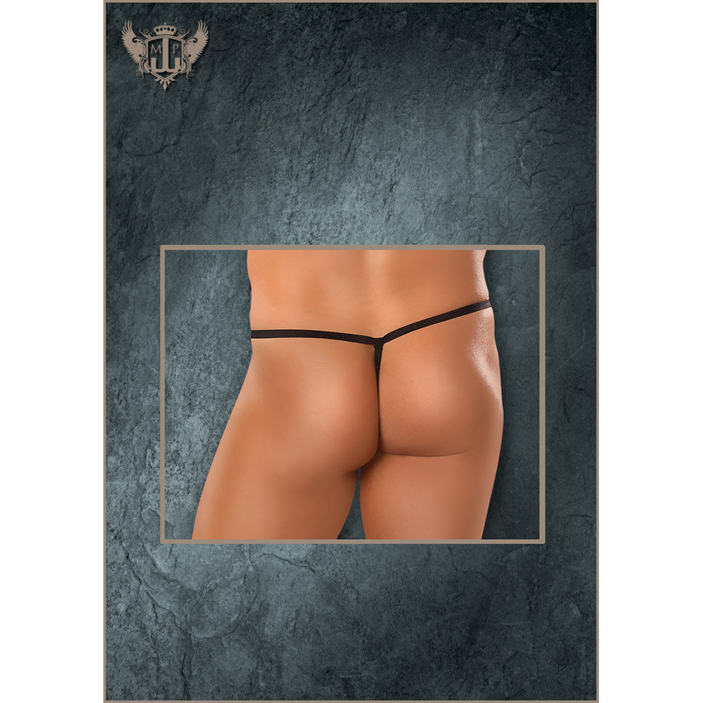 Male Power Satin Spandex Posing Strap Black One Size showcasing a sleek fit and minimal g-string back design.