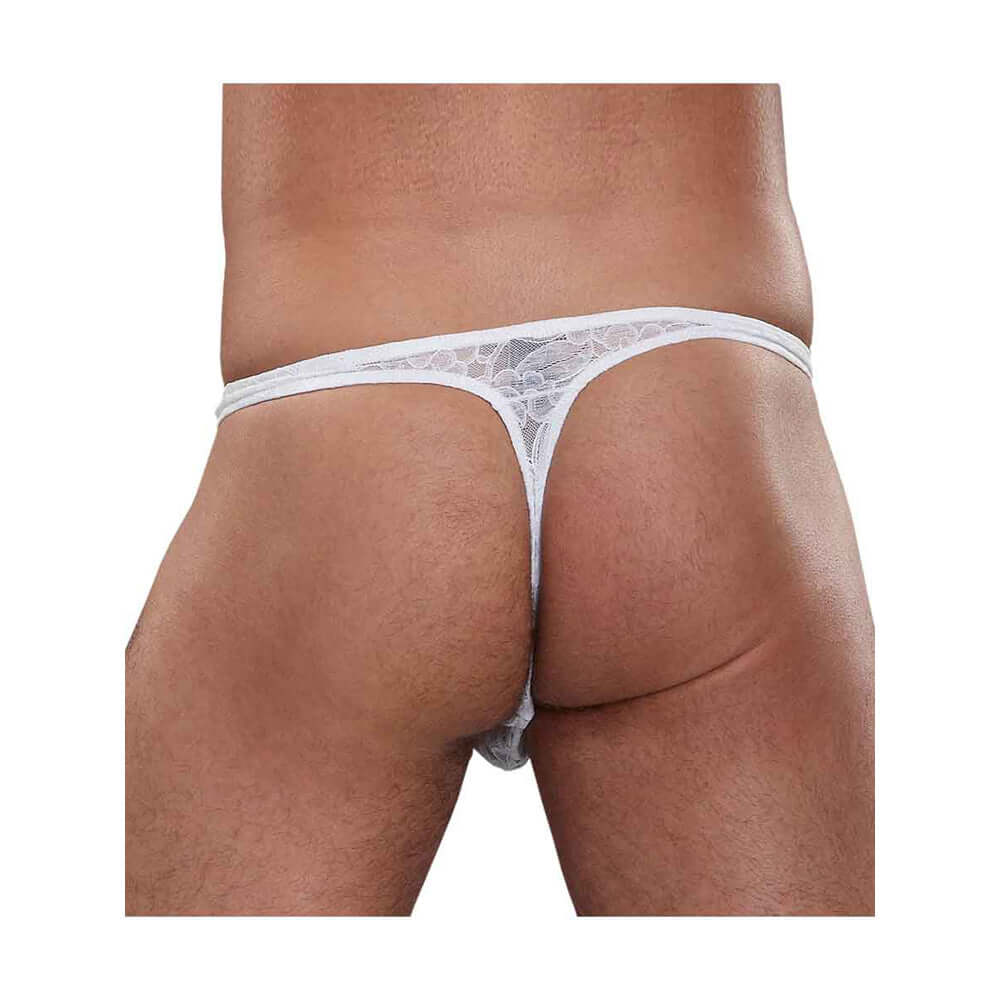 Male Power Stretch Lace Bong Thong White S M displayed from the back, showcasing its elegant lace design and comfortable fit.