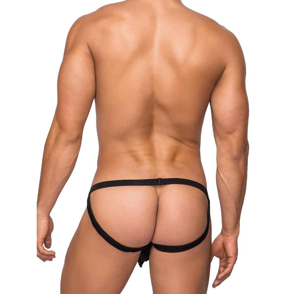 Male Power Hoser Hose Jock Black S M showcased on a male model from the back, highlighting its modern, athletic design.
