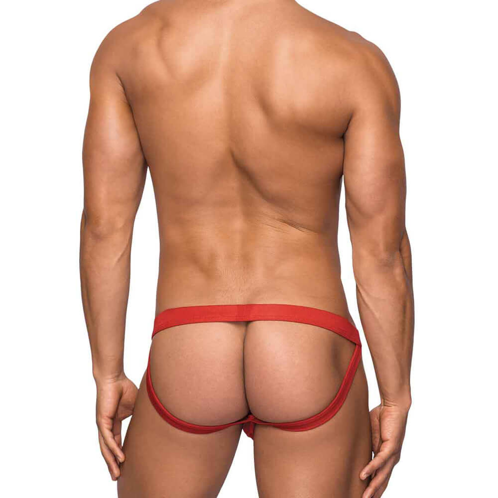 Male Power Hoser Hose Jock Red S M - rear view showcasing bold design and sporty fit.